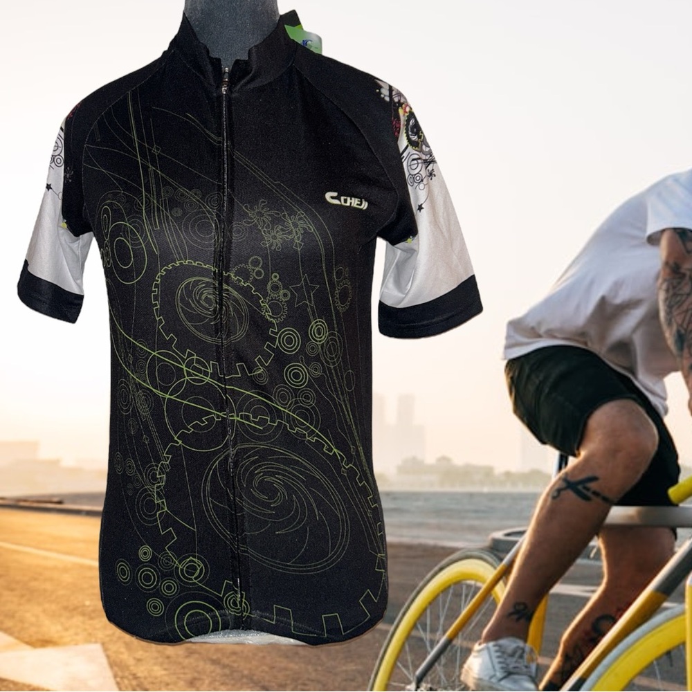 NWT Cheji woman’s cycling shirt gears print lightweight athletic fabric full zip